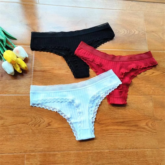 2pcs Lace Low Waist Cotton Rivet Solid Color Women G-String T-Pants