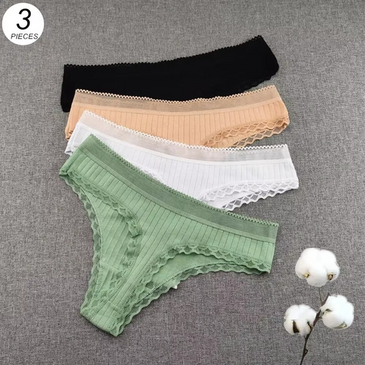 2pcs Lace Low Waist Cotton Rivet Solid Color Women G-String T-Pants